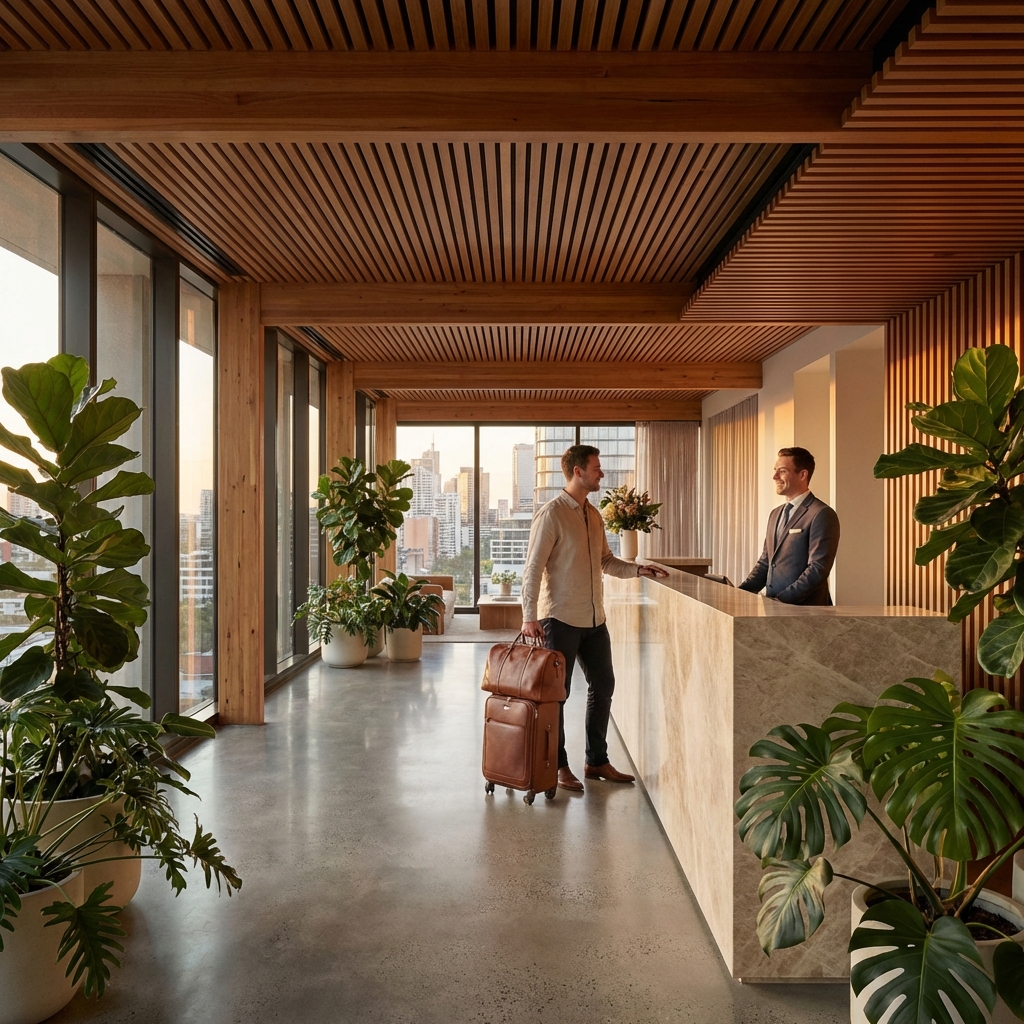 Modern boutique hotel reception with timber and polished concrete design, a guest checking in at a sleek marble reception desk with city views