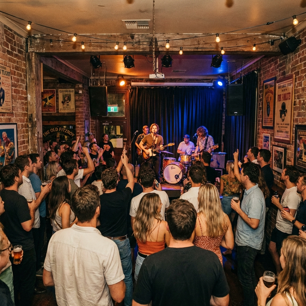 Intimate live music performance at an Australian pub with a band on stage, engaged crowd, exposed brick walls, and warm stage lighting