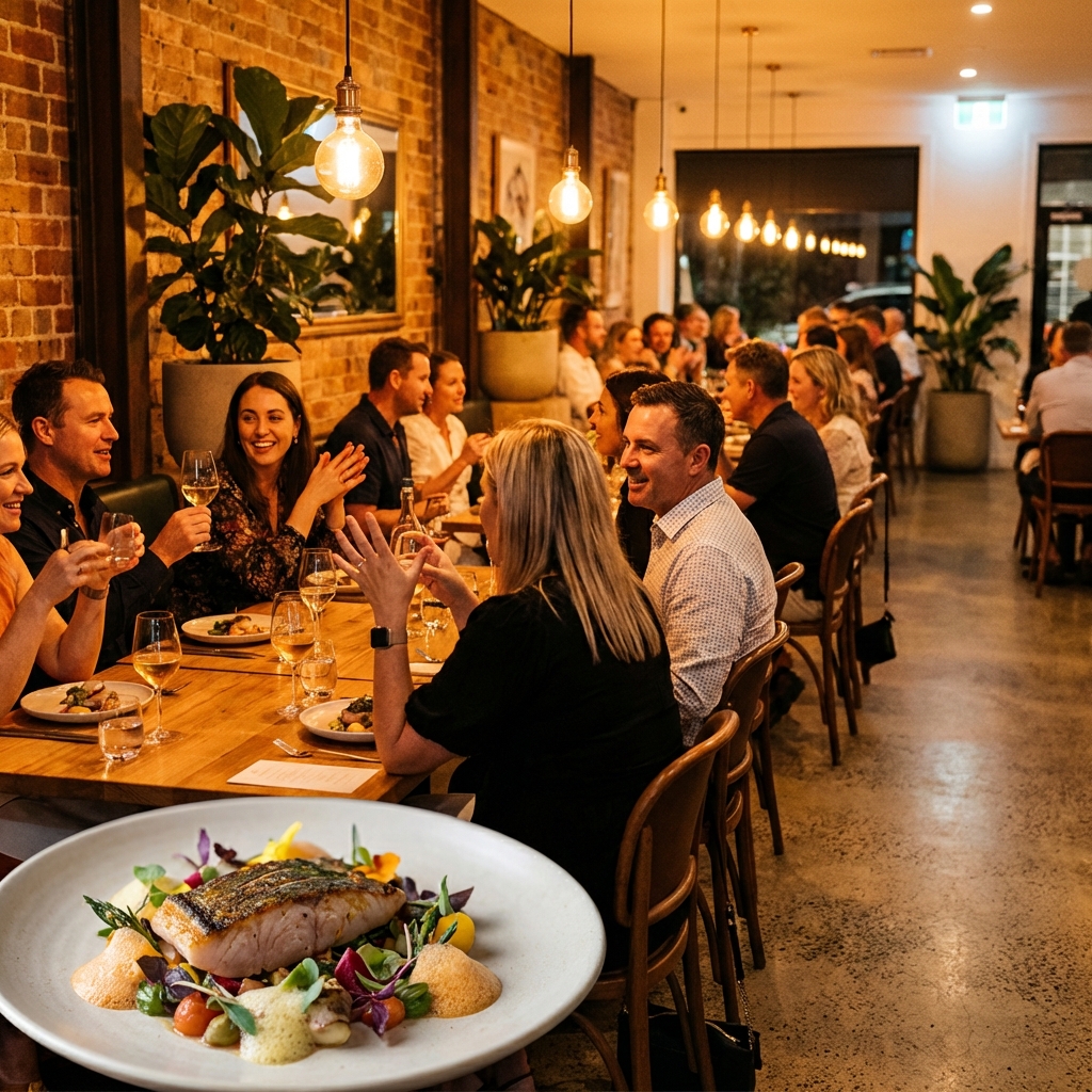 Busy Australian restaurant interior with warm lighting, guests enjoying dinner, and a beautifully plated dish in the foreground — lifestyle content that drives higher ad engagement